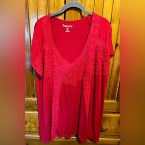 Red knitting around collar and front of blouse.